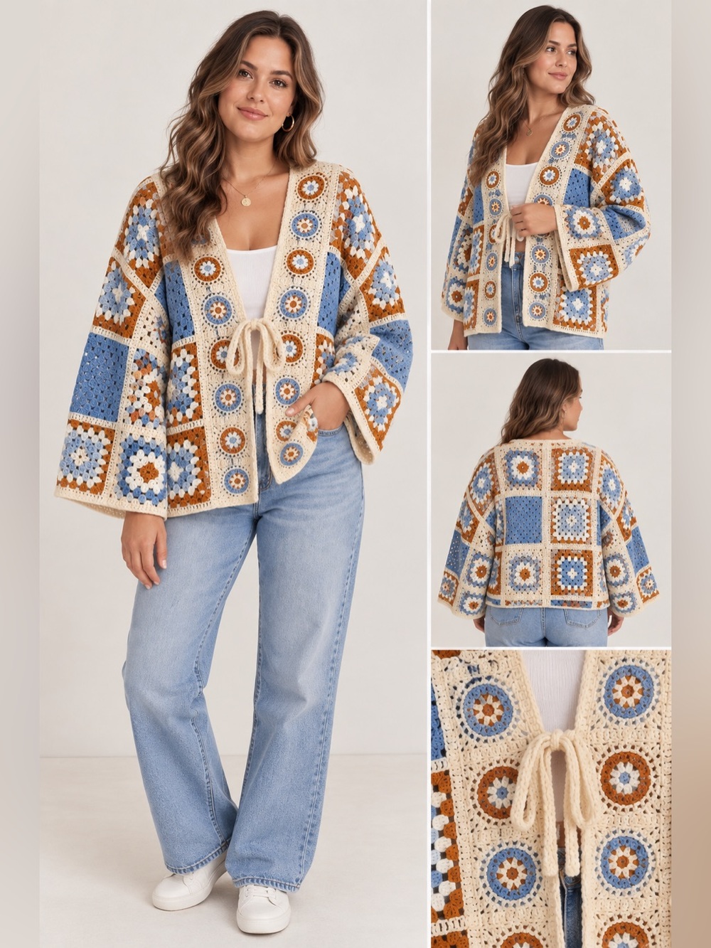 Crocheted Patchwork Cardigan Sweater - Blue, Cream & Brown